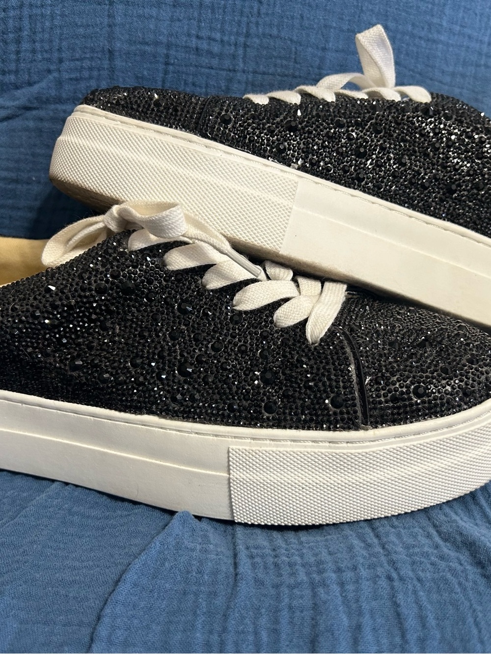 Betsey Johnson Black Rhinestone Platform Sneakers with White Laces